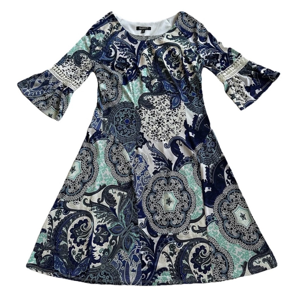 Glamour & Co Paisley Medallion Bell Sleeve Dress Blue Mint White-M-Coastal Boho